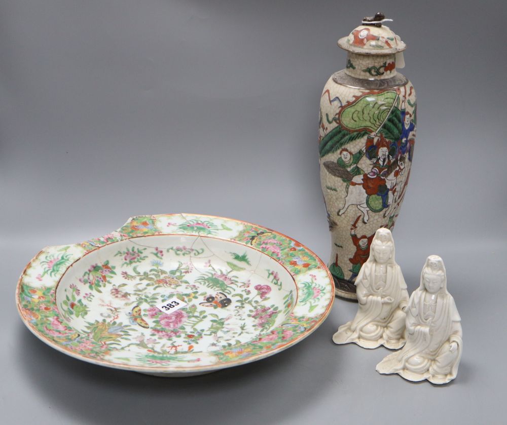 A Chinese famille rose crackle glaze vase and cover, two blanc-de-chine figures and a Canton dish, diameter 35cm